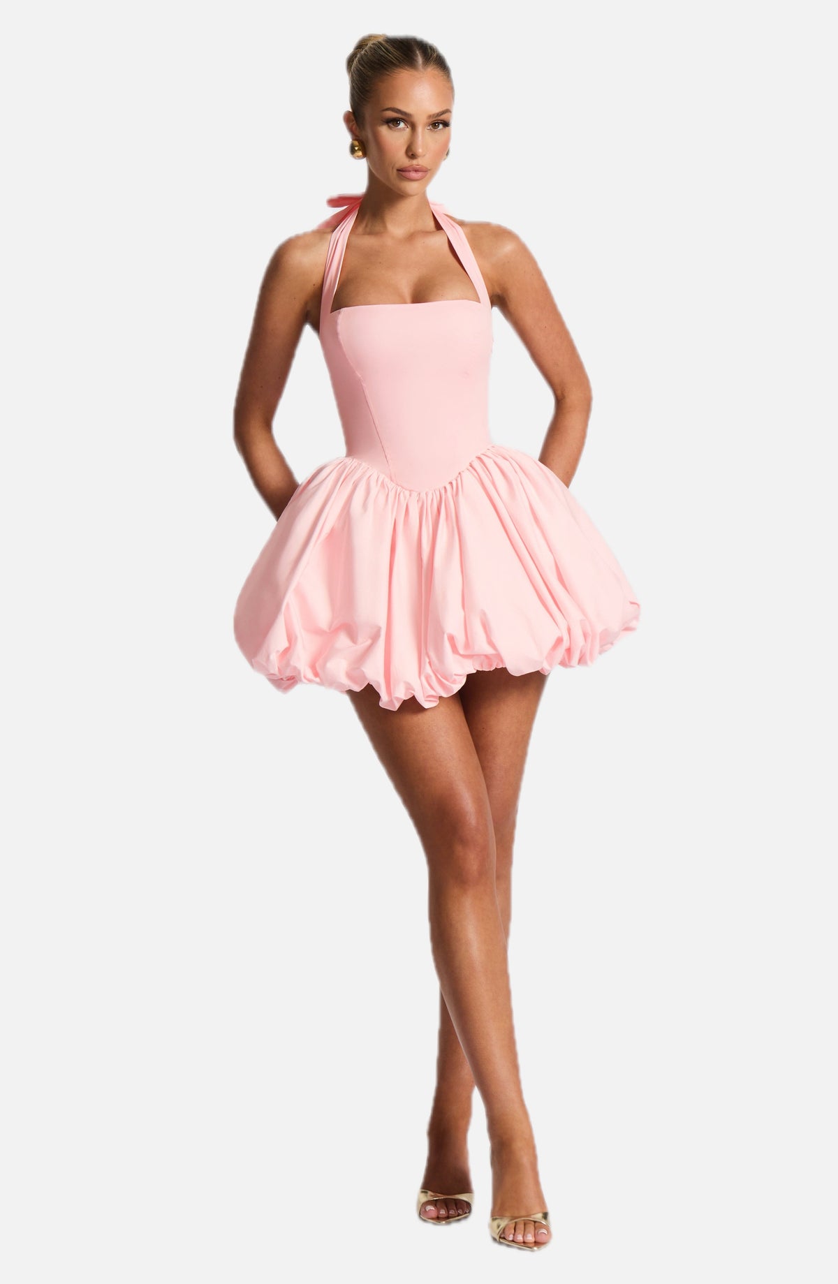 Women's Halterneck Puffball Mini Dress with Fitted Bodice - 1