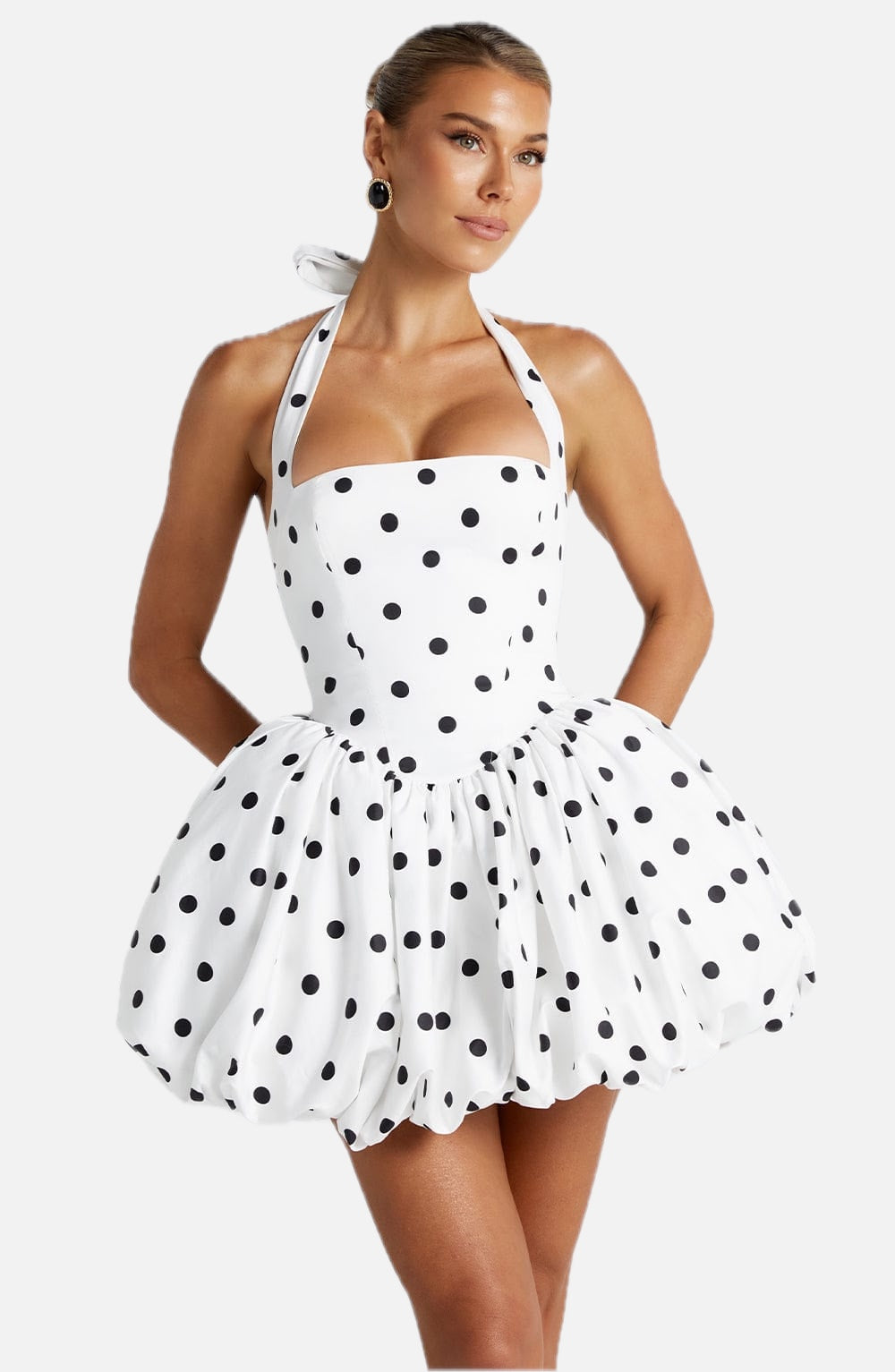 Women's Polka Dot Puffball Mini Dress with Halter Neck - 1