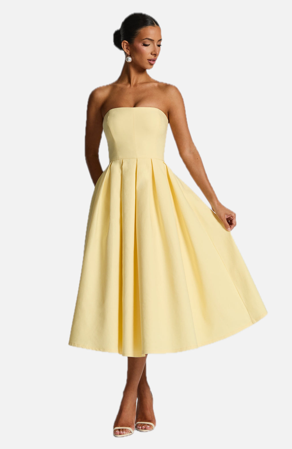 Women's Strapless Midi Dress with Pleated A-Line Skirt