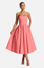 Women's Strapless Midi Dress with Pleated A-Line Skirt