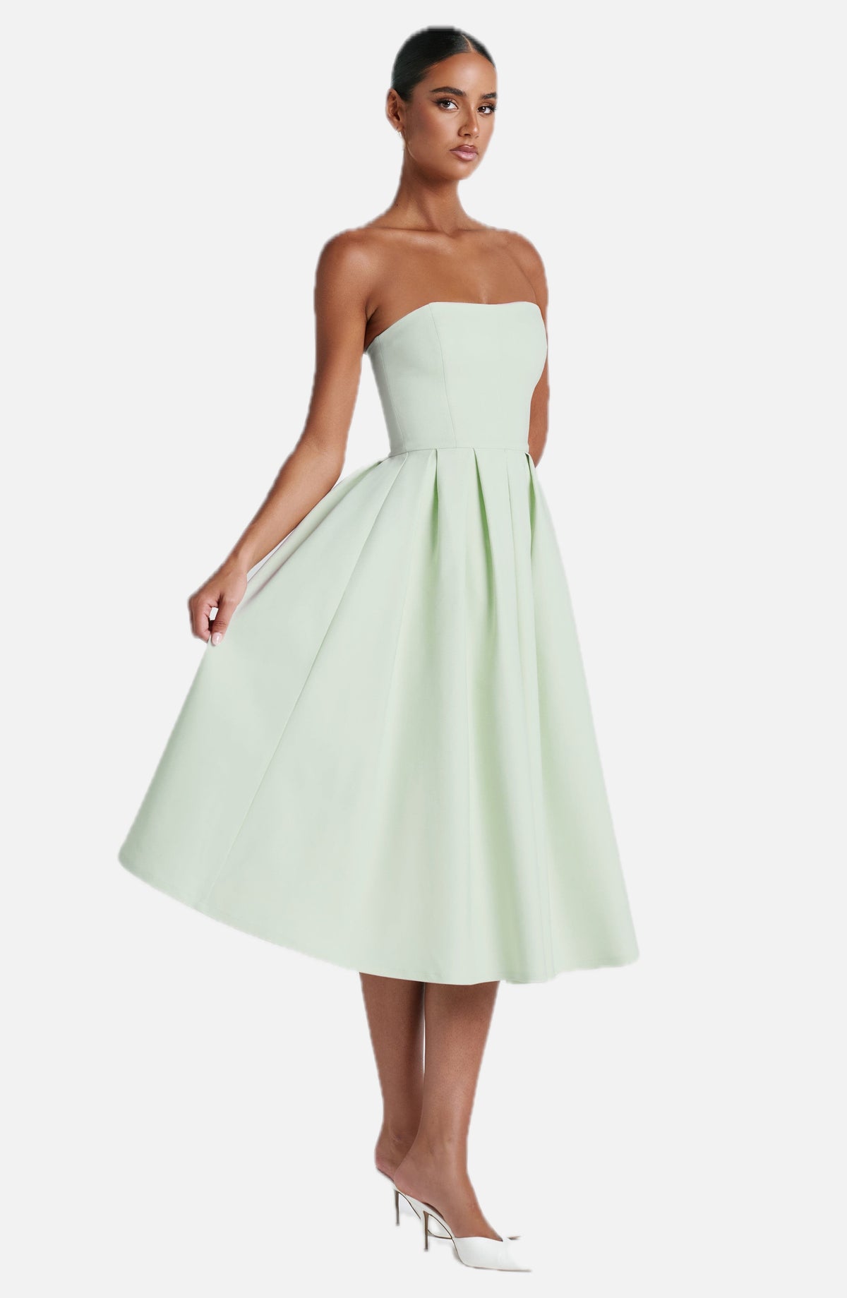 Women's Strapless Midi Dress with Full Pleated Skirt