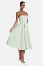 Women's Strapless Midi Dress with Full Pleated Skirt