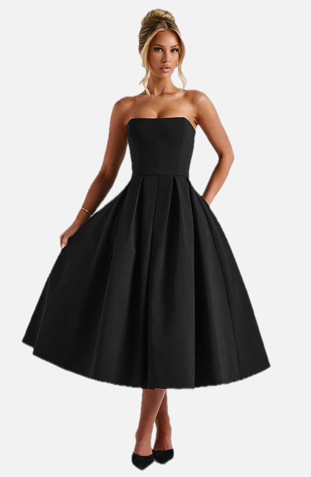 Women's Strapless Midi Dress with Full Pleated Skirt - 1