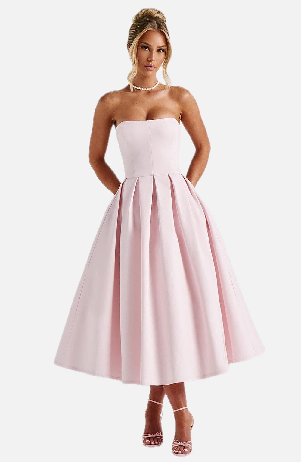 Women's Strapless Midi Dress with Pleated A-Line Skirt - 1
