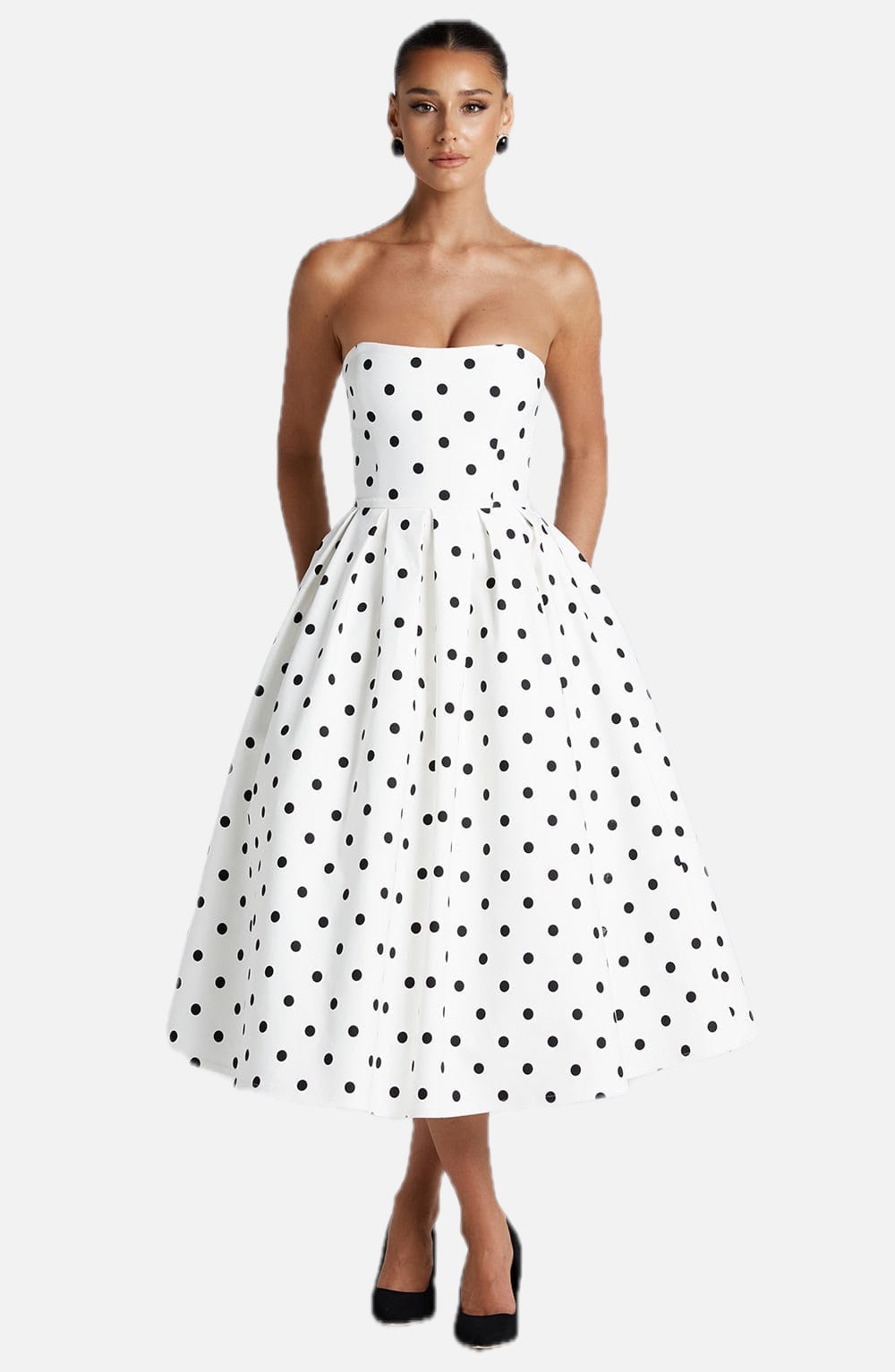 Women's Polka Dot Midi Dress Strapless with Full Pleated Skirt - 1