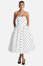 Women's Polka Dot Midi Dress Strapless with Full Pleated Skirt - 1