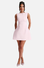 Women's Structured Mini Dress Sleeveless with Boat Neck and A-Line Skirt - 1