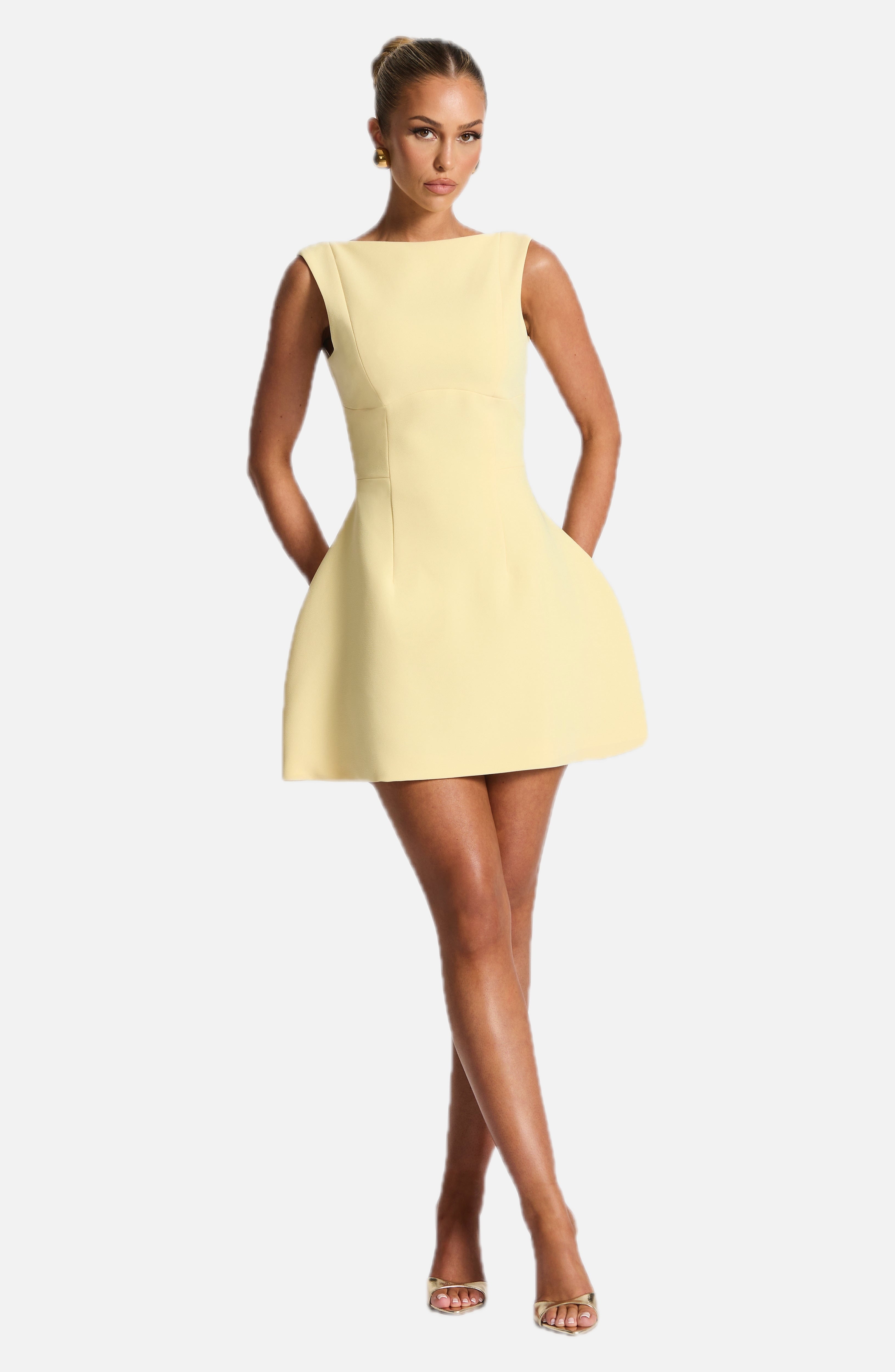 Women's Structured Mini Dress Sleeveless with Boat Neck and A-Line Skirt