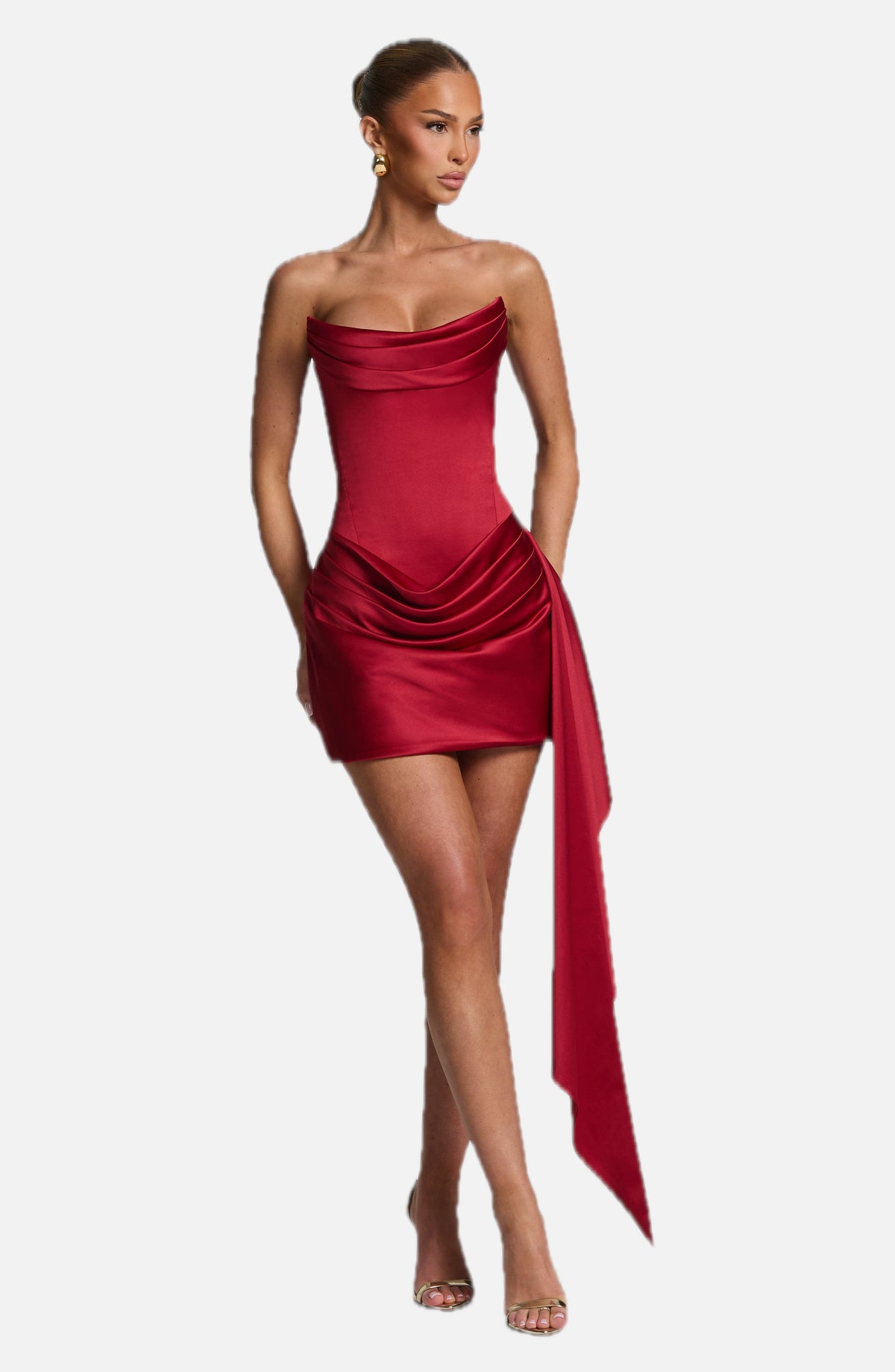 Women's Strapless Mini Dress with Draped Satin Skirt and Train Detail