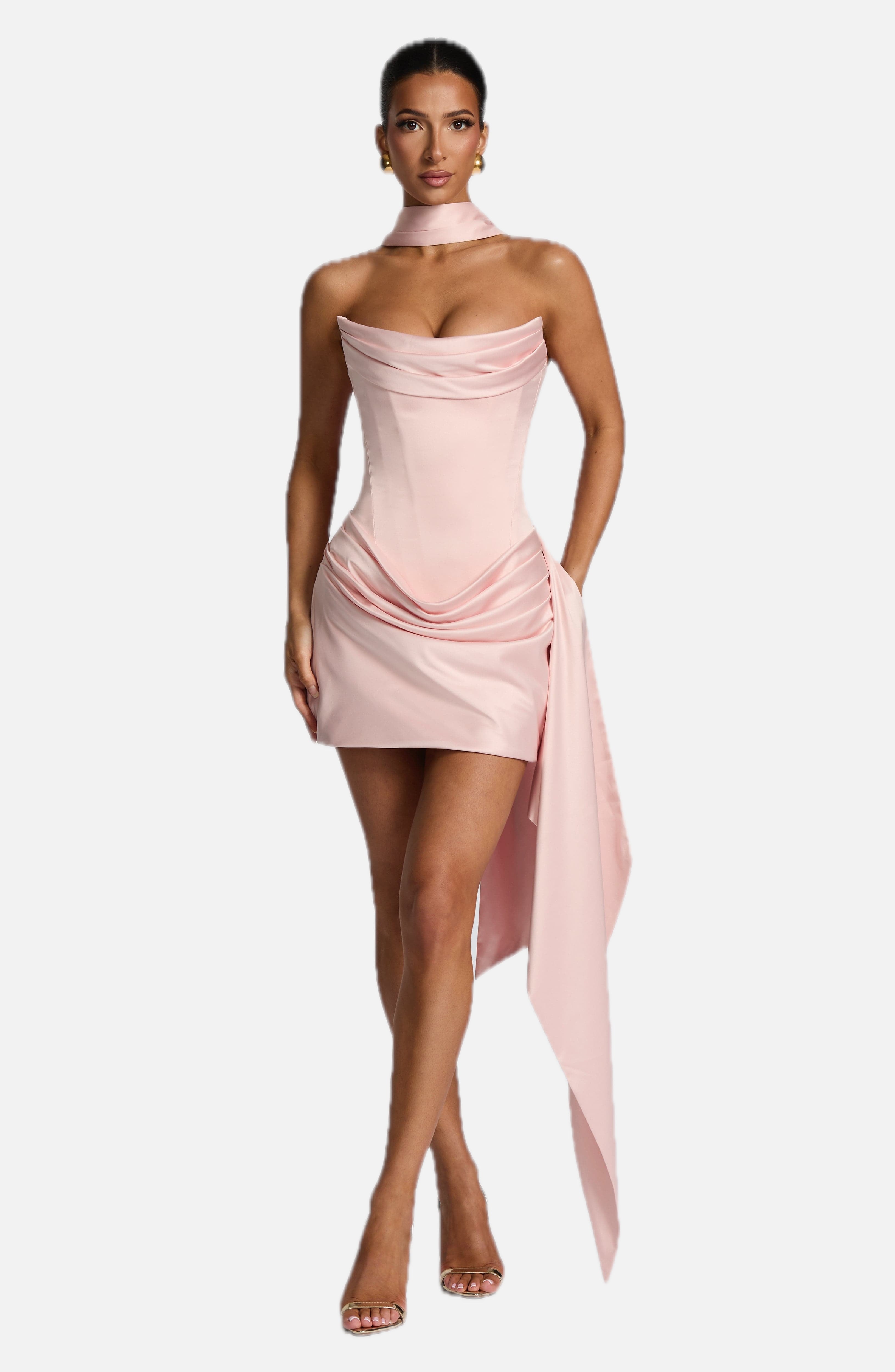 Women's Strapless Mini Dress with Draped Skirt and Attached Scarf - 1