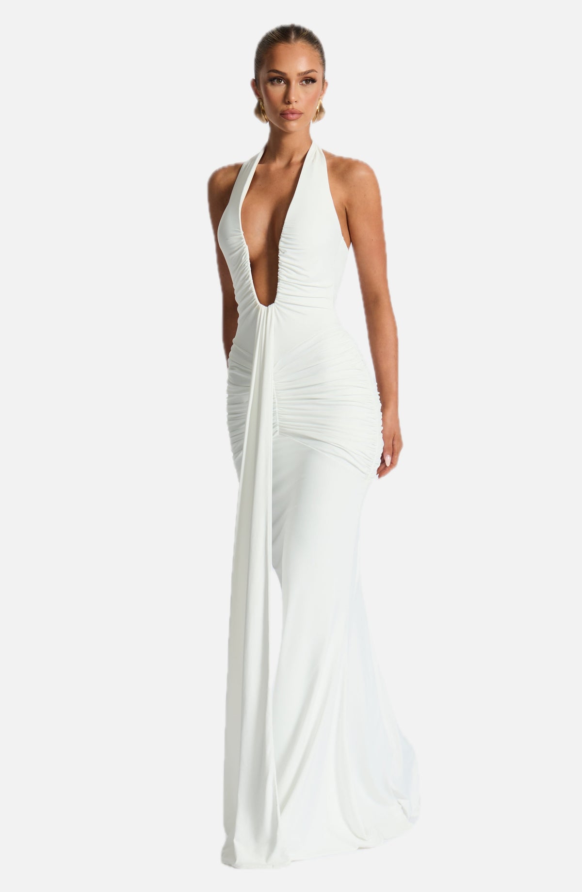 Women's Halterneck Maxi Dress with Draped Train and Ruched Front