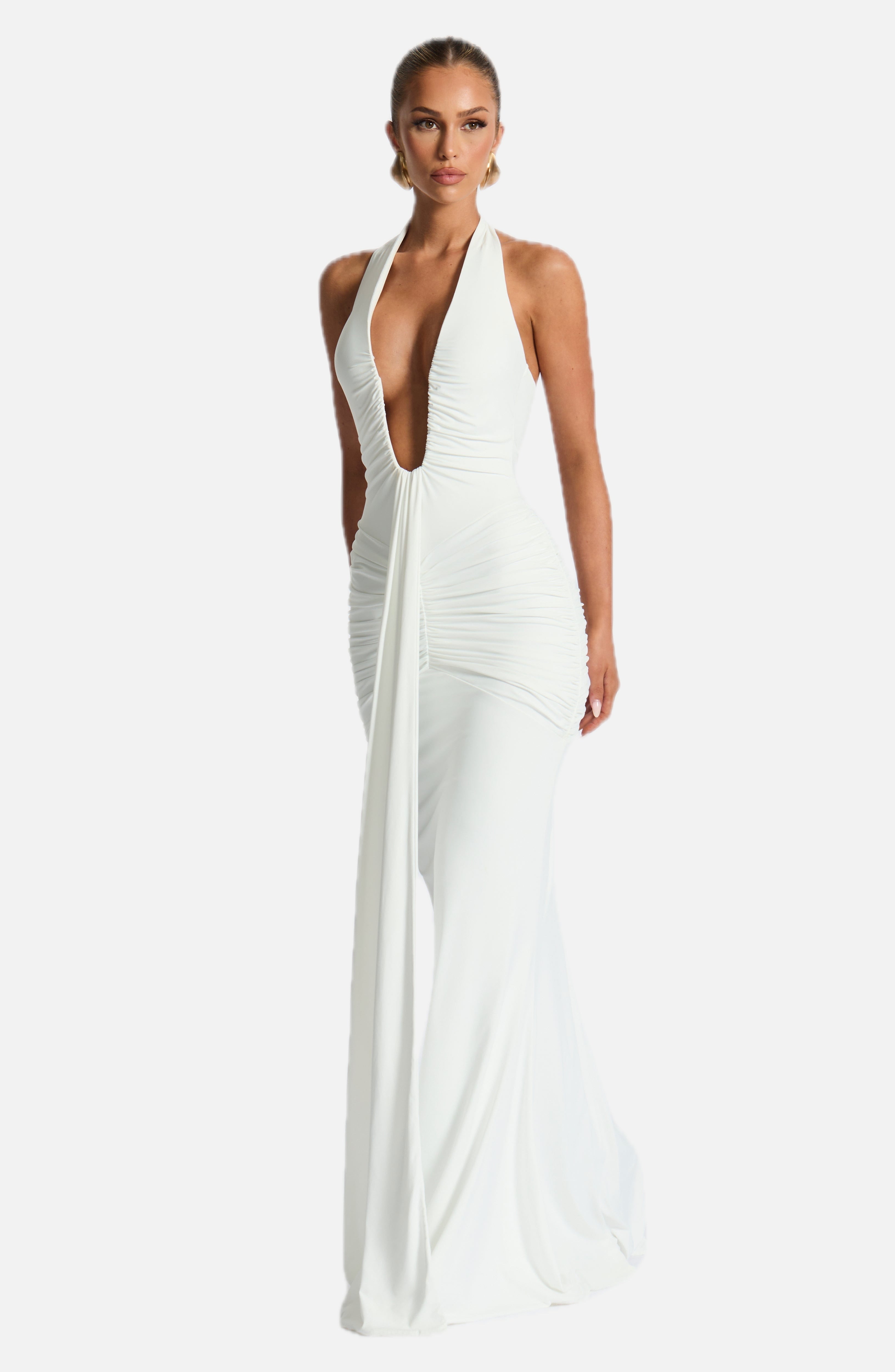Women's Halterneck Maxi Dress with Draped Train and Ruched Front