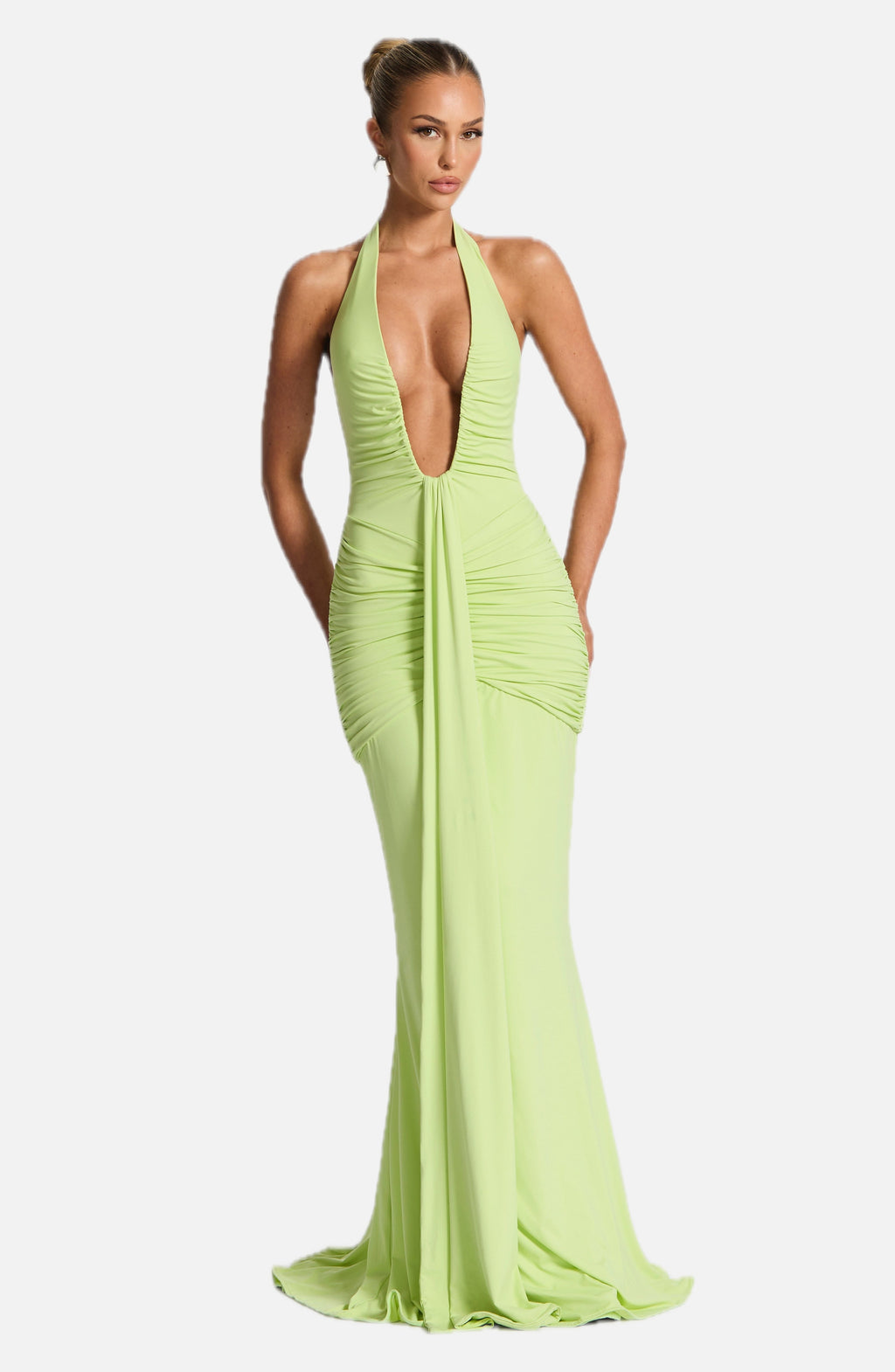Women's Halterneck Maxi Dress with Ruched Front and Sweeping Train