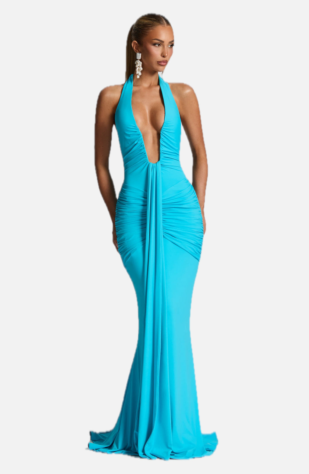 Women's Halter Maxi Dress with Ruched Draping and Train - 1