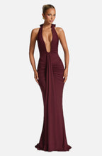 Women's Halterneck Maxi Dress with Draped Front and Train - 1
