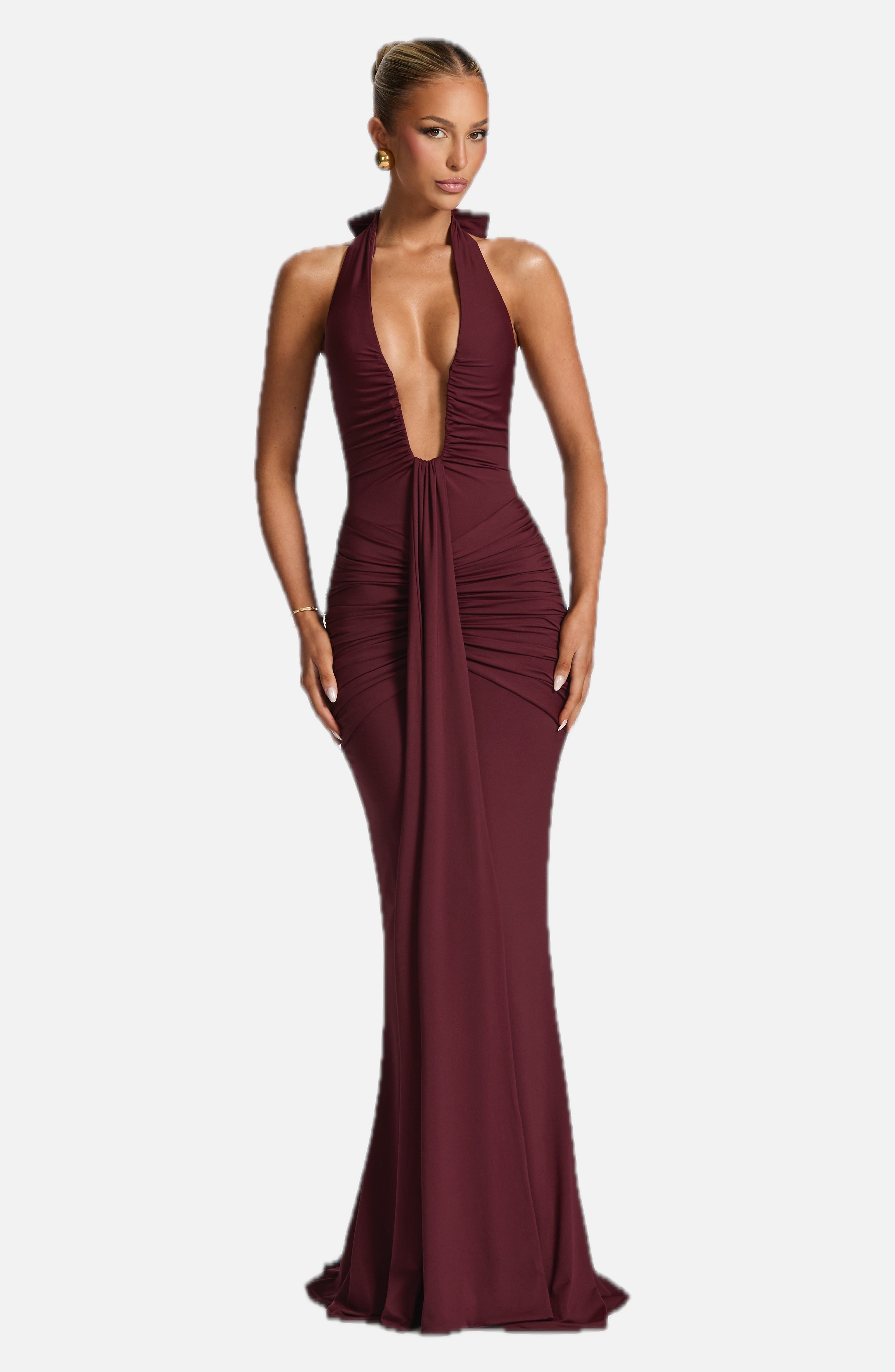 Women's Halterneck Maxi Dress with Draped Front and Train - 1