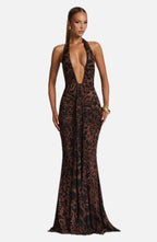 Women's Halterneck Maxi Dress with Plunging Neckline and Ruched Train