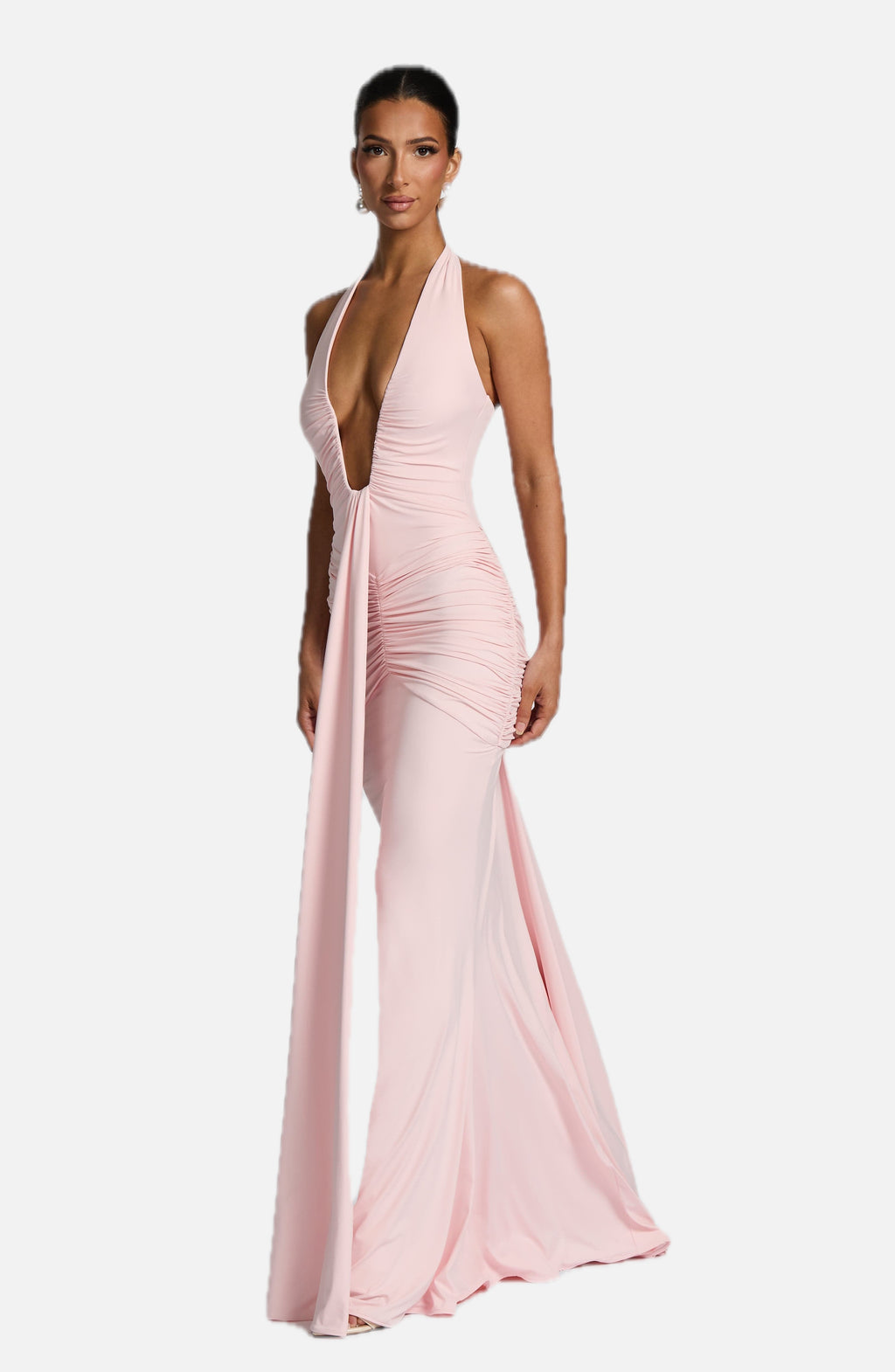 Women's Halterneck Maxi Dress with Ruched Detail and Train - 1
