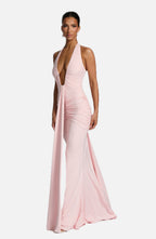 Women's Halterneck Maxi Dress with Ruched Detail and Train - 1