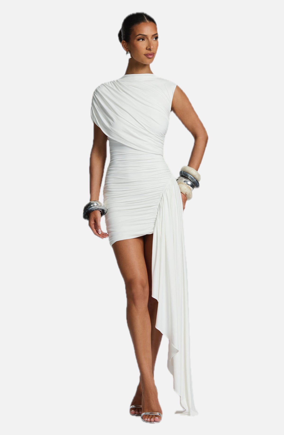 Women's Bodycon Mini Dress with Draped Asymmetric Train