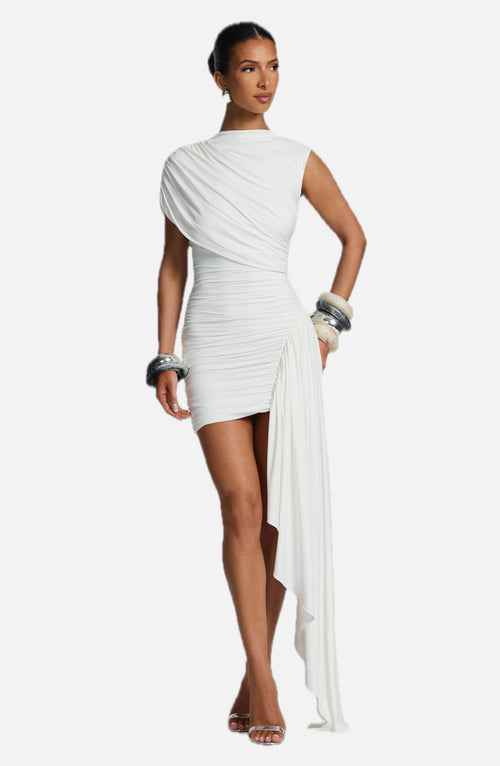 Women's Bodycon Mini Dress with Draped Asymmetric Train