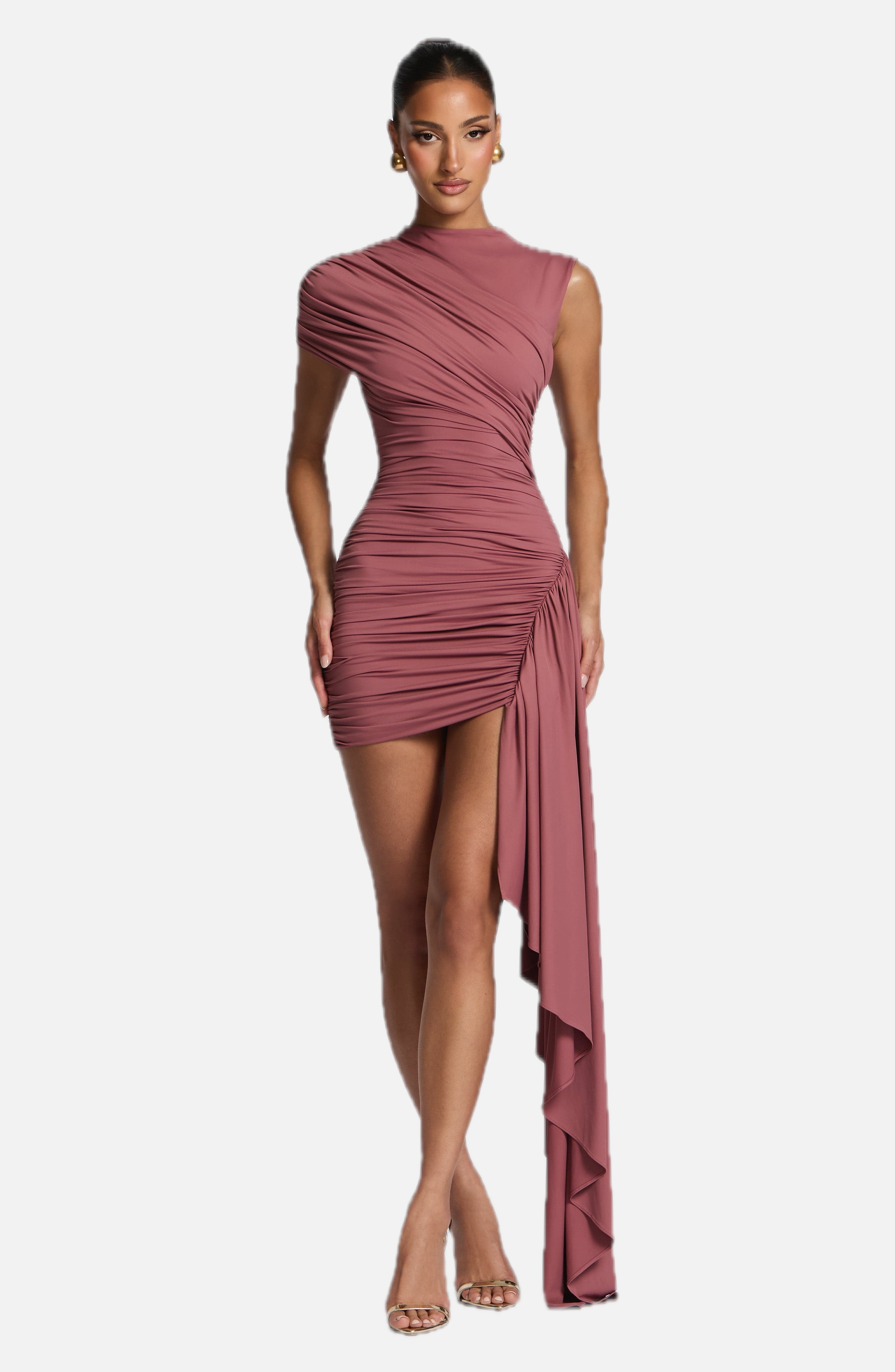 Women's Bodycon Mini Dress with Draped Asymmetric Train