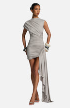 Women's Ruched Bodycon Mini Dress with Asymmetric Train