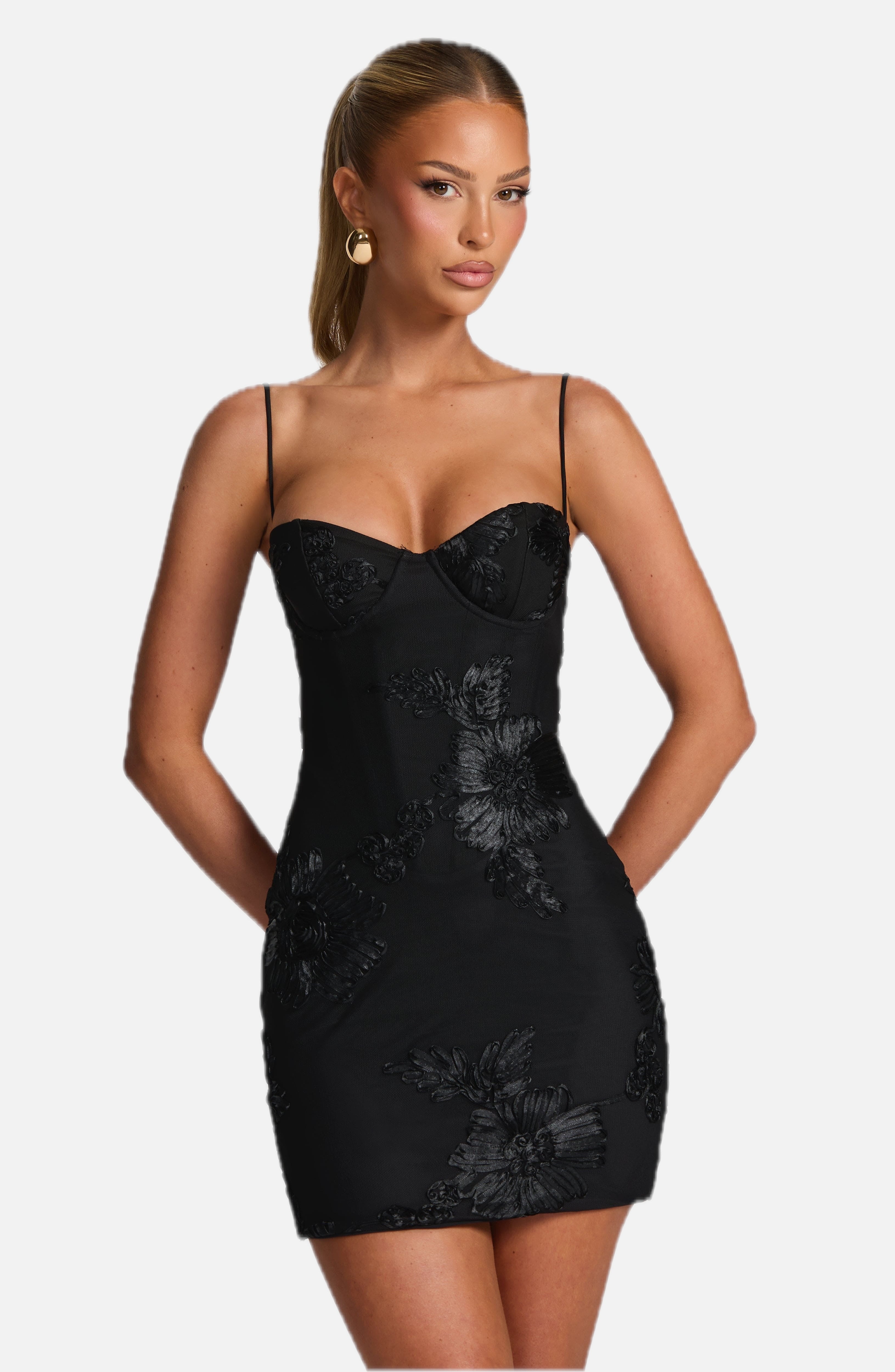 Women's Corset Mini Dress with Floral Appliqué and Sweetheart Neckline - 1