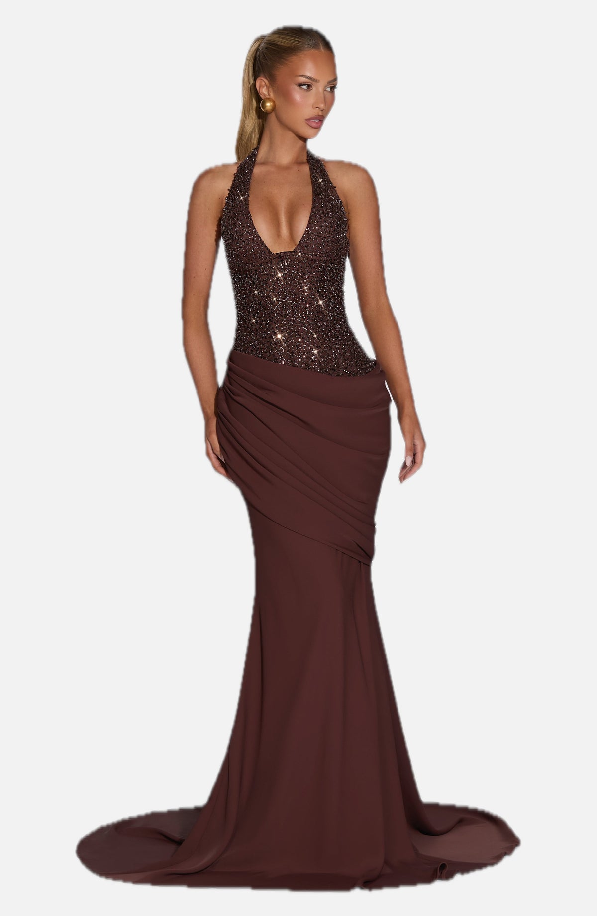 Women's Evening Gown Halter Neck Embellished Corset with Train