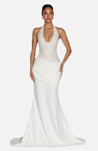 Women's Embellished Halter Gown with Corset Bodice and Train