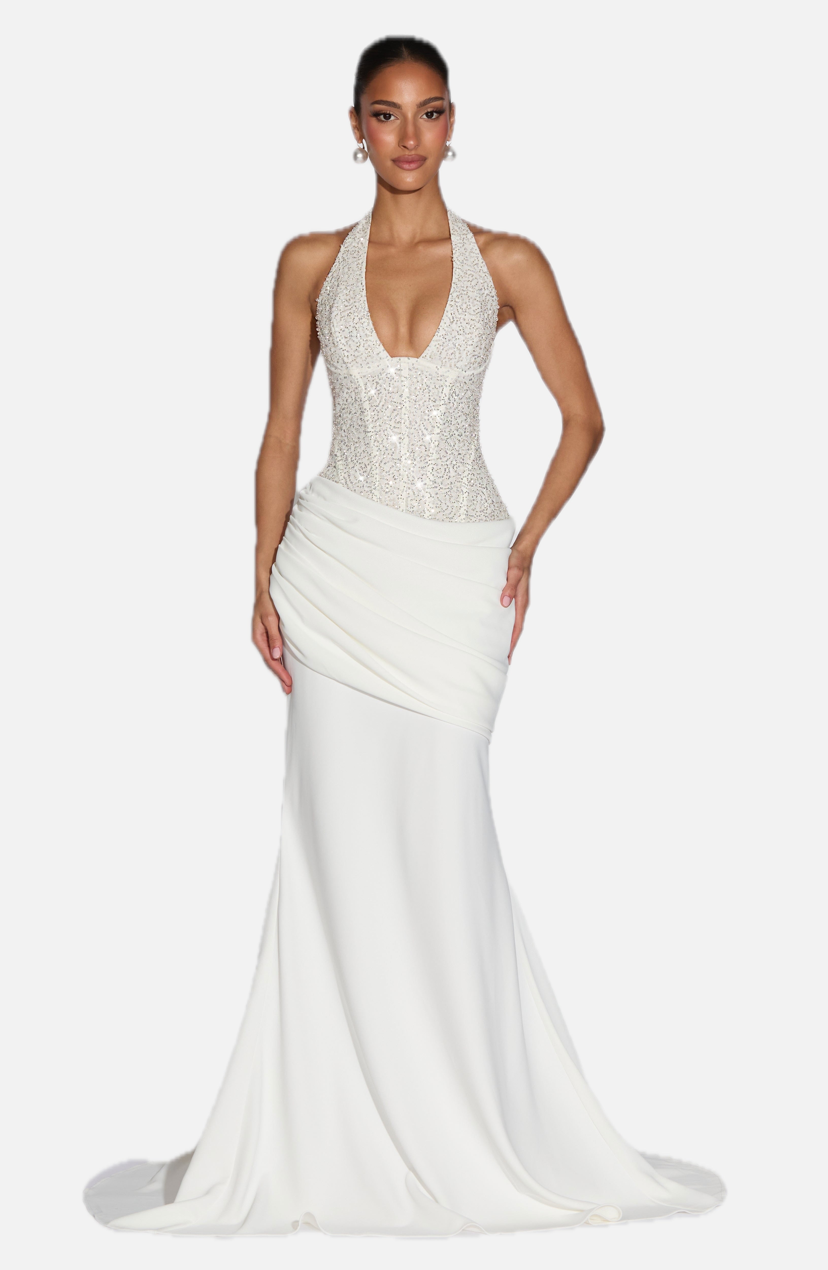 Women's Embellished Halter Gown with Corset Bodice and Train