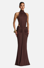 Women's Halter Neck Ruched Mermaid Evening Gown with Train