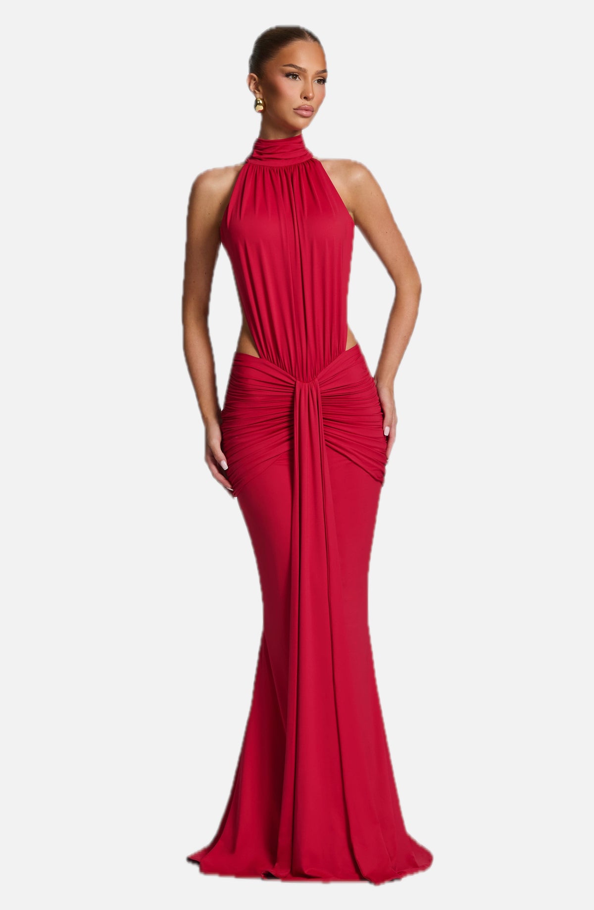 Women's Ruched Mermaid Evening Gown with Halter Neck and Train