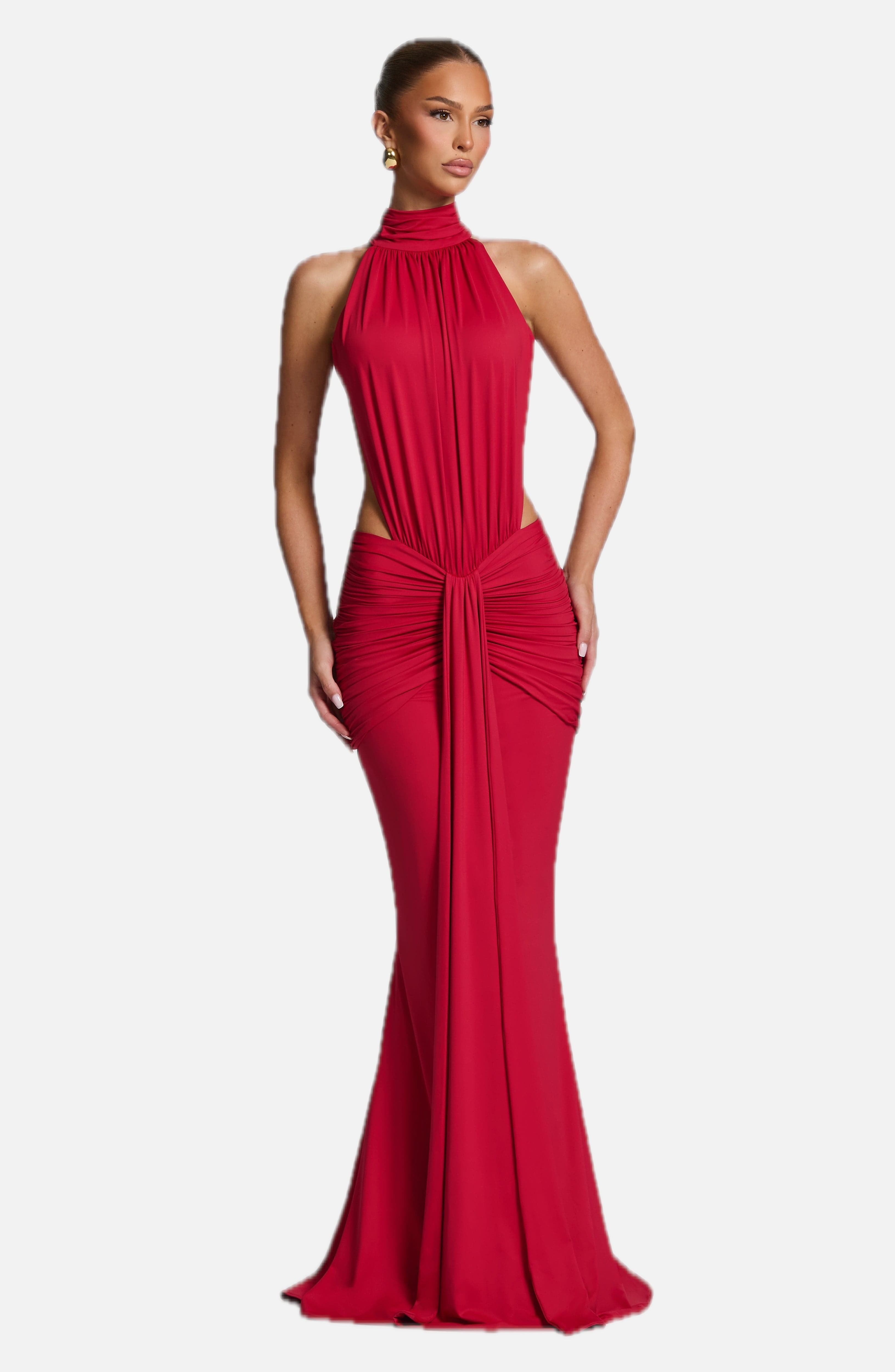 Women's Ruched Mermaid Evening Gown with Halter Neck and Train