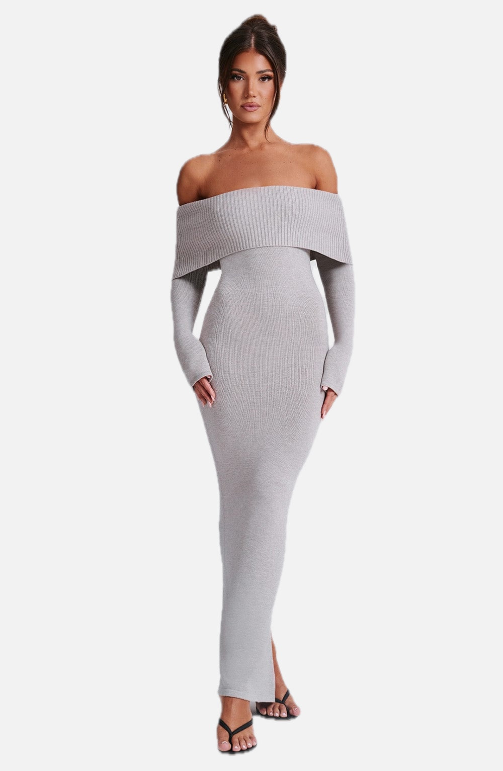 Women's Bardot Knit Maxi Dress with Long Sleeves and Bodycon Fit
