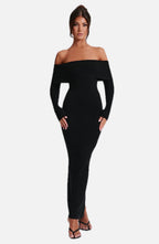 Women's Bardot Knit Maxi Dress with Long Sleeves and Bodycon Fit - 1