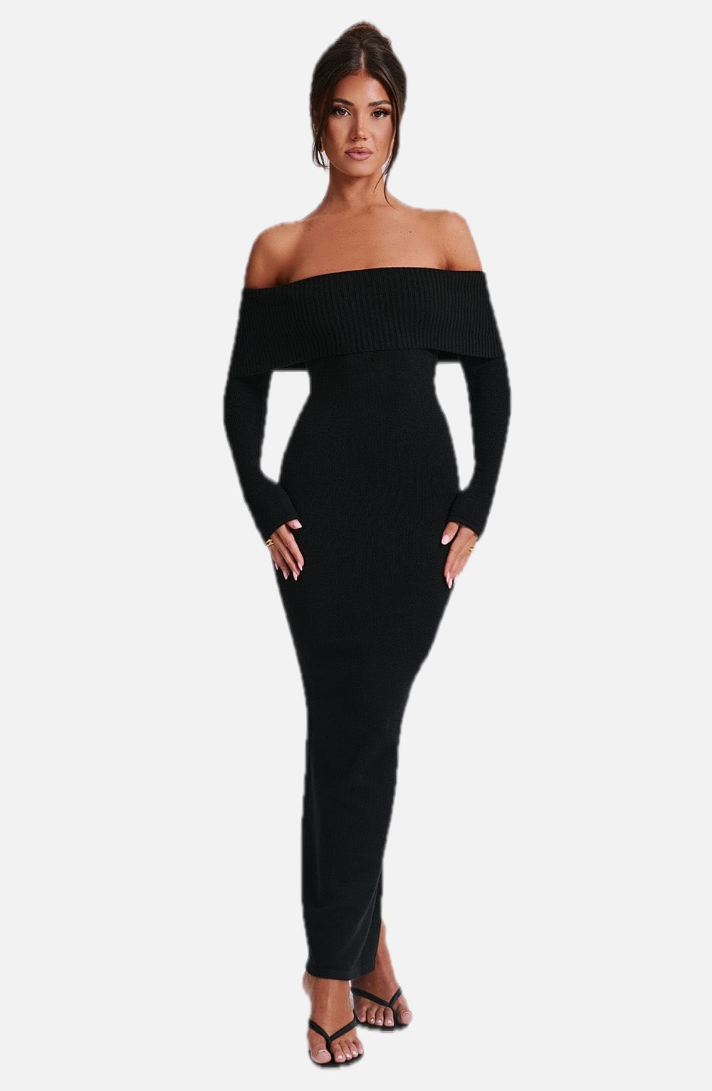 Women's Bardot Knit Maxi Dress with Long Sleeves and Bodycon Fit - 1