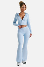 Women's Knit Co-Ord Set Cropped Zip Hoodie with Flared Trousers - 1