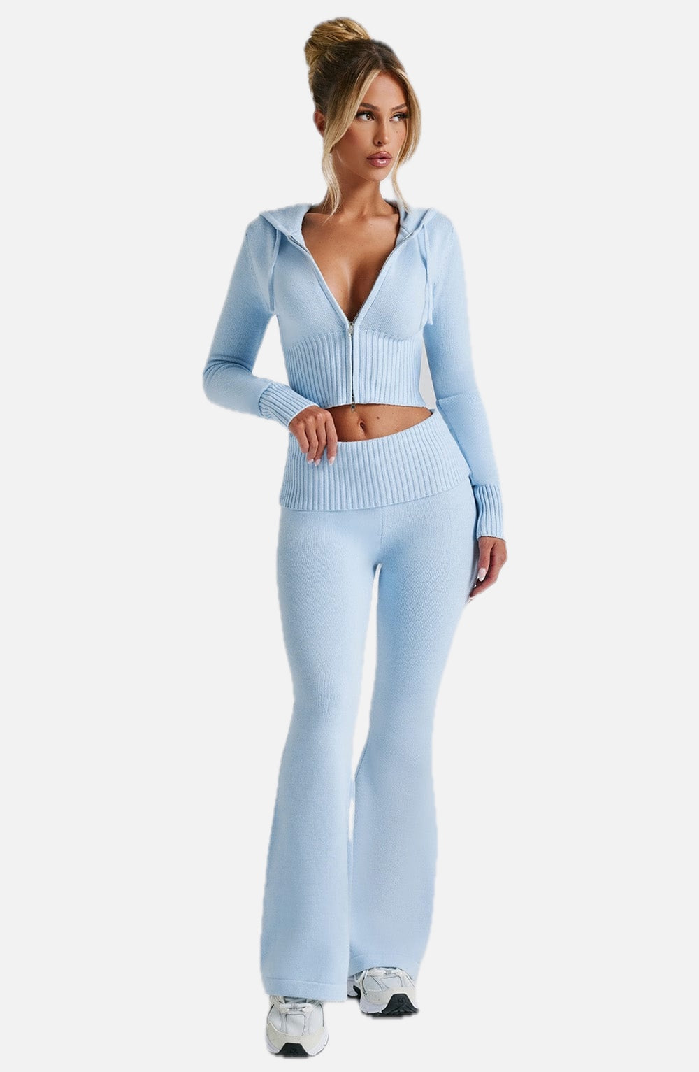 Women's Knit Co-Ord Set Cropped Zip Hoodie with Flared Trousers - 1