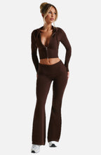 Women's Knit Co-Ord Set Cropped Zip Hoodie with Flared Pants - 1