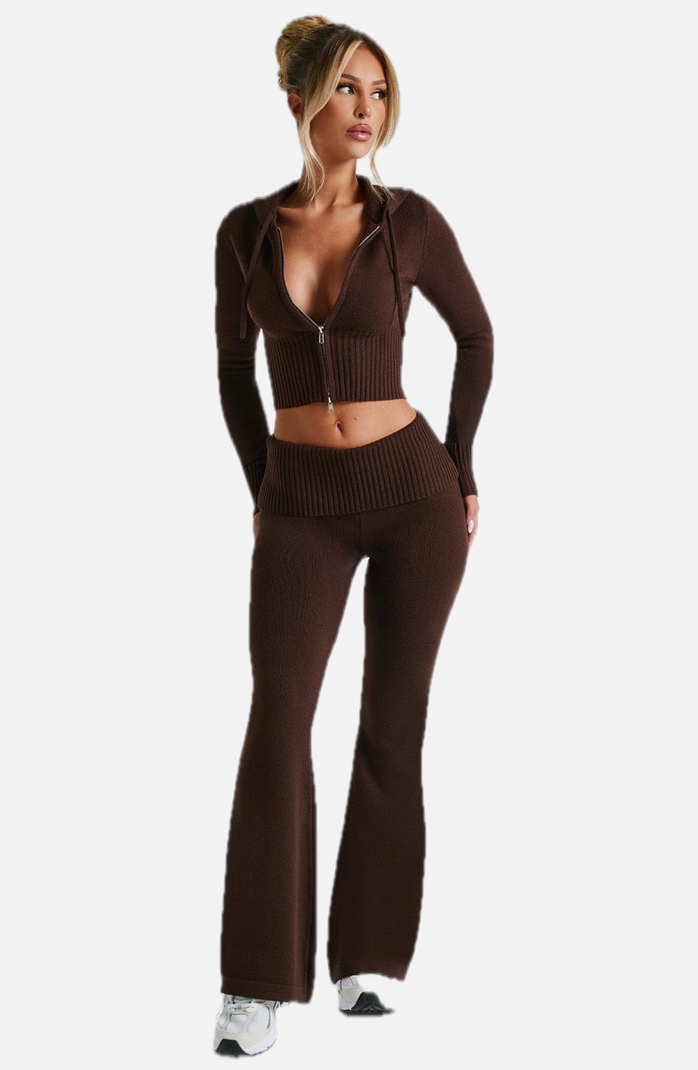 Women's Knit Co-Ord Set Cropped Zip Hoodie with Flared Pants - 1