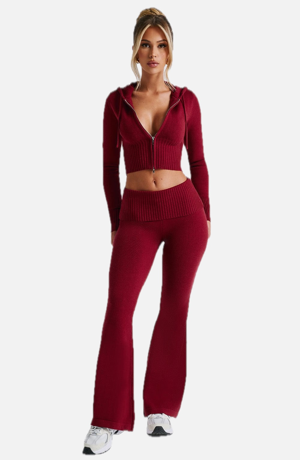 Women's Knit Co-Ord Set Cropped Zip Hoodie with Flared Trousers