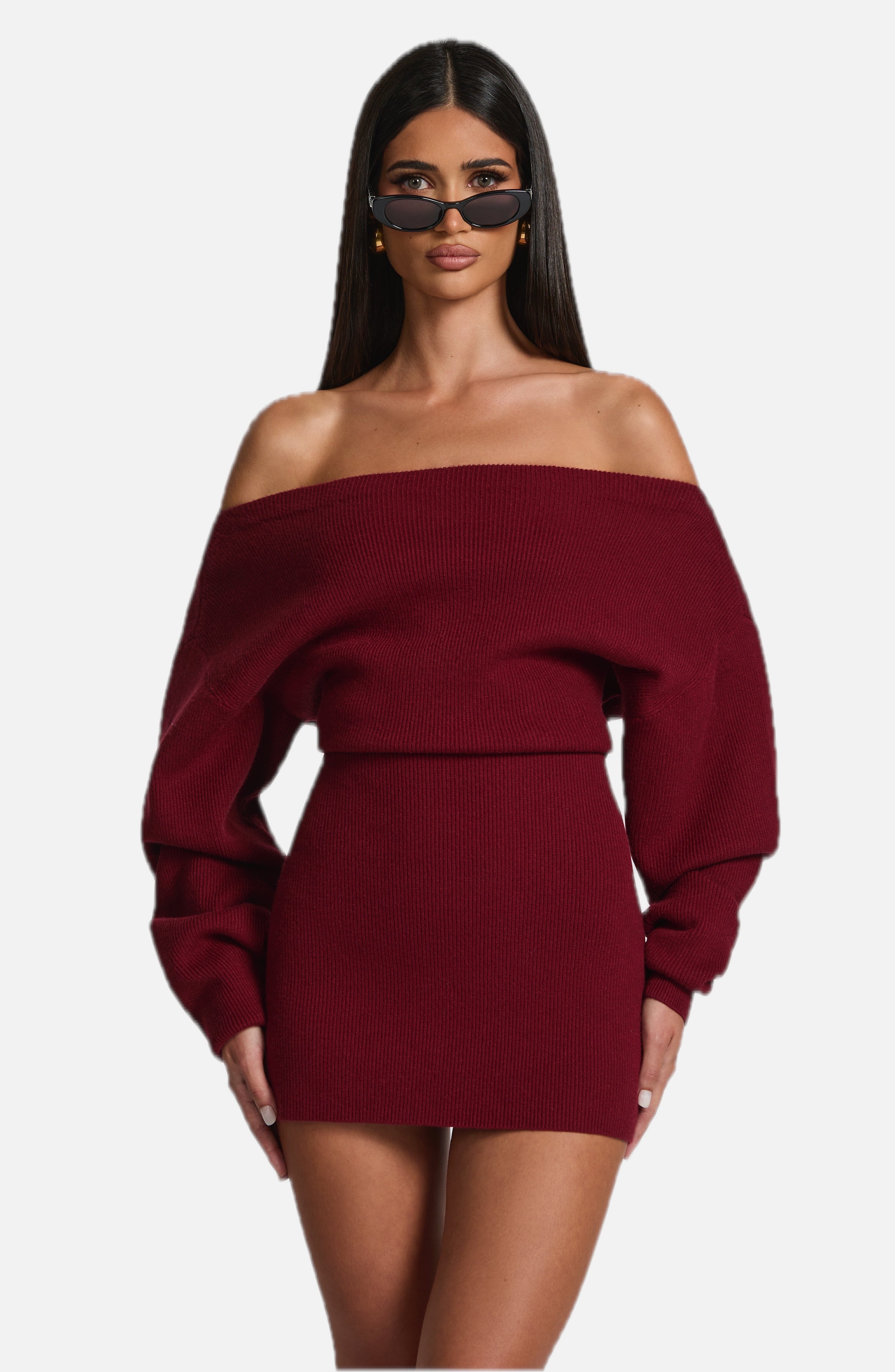 Women's Bardot Knit Mini Dress with Long Sleeves and Bodycon Fit - 1