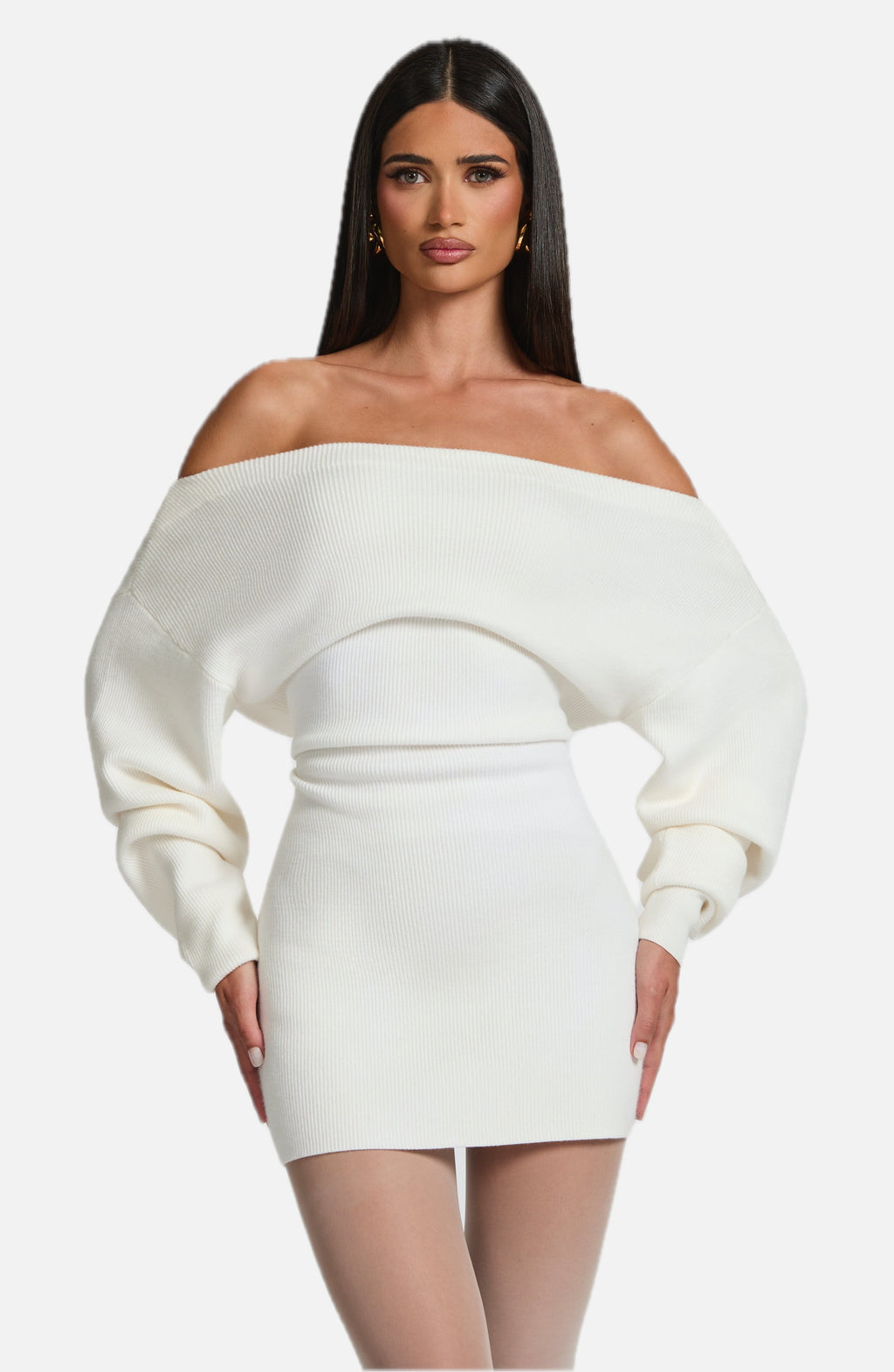 Women's Bardot Knit Mini Dress with Balloon Sleeves