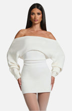Women's Bardot Knit Mini Dress with Balloon Sleeves