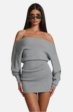 Women's Bardot Knit Mini Dress with Long Sleeves and Bodycon Fit