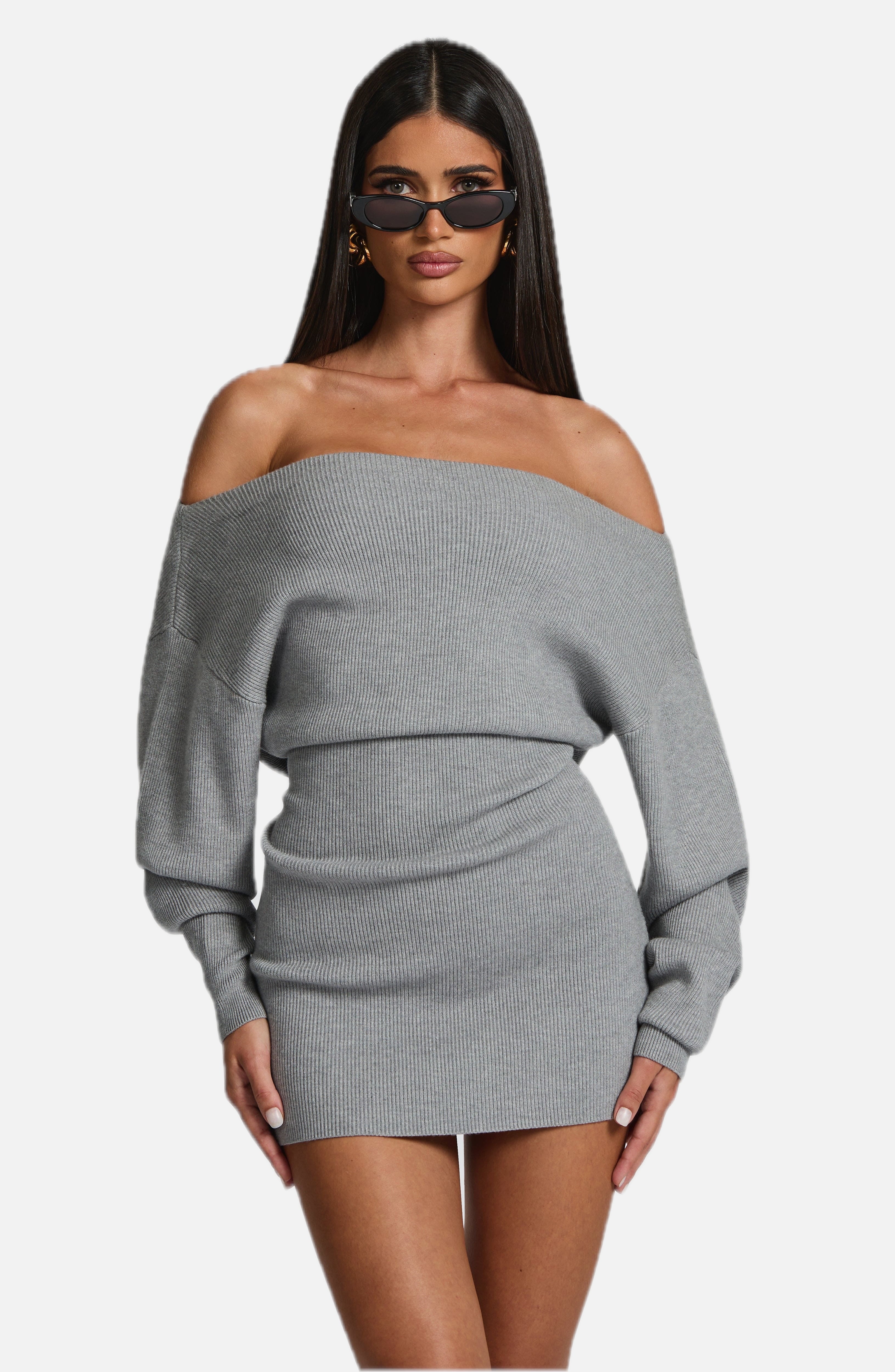 Women's Bardot Knit Mini Dress with Long Sleeves and Bodycon Fit