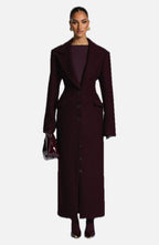 Women's Long Overcoat with Notched Lapel and Tailored Waist