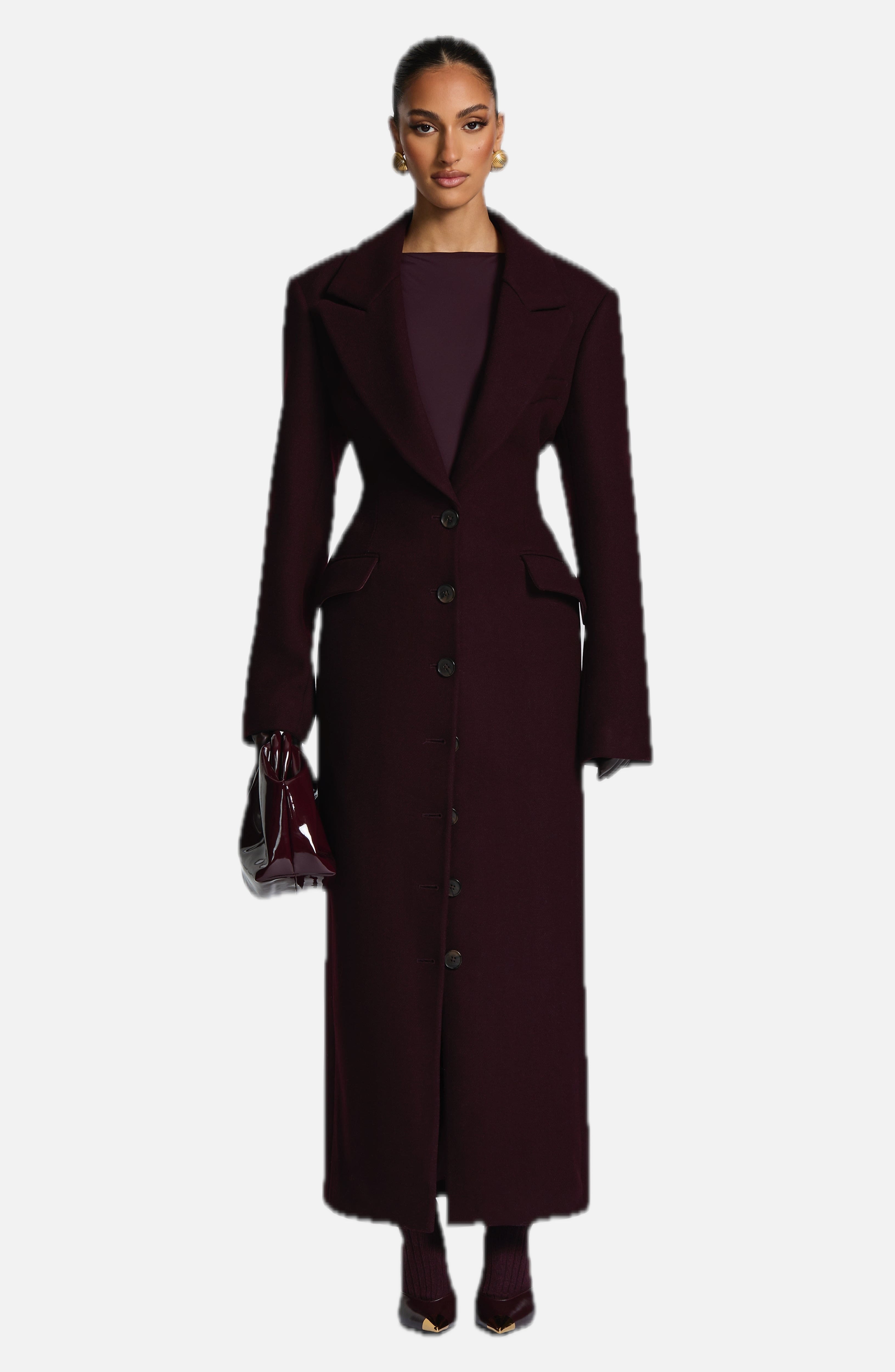 Women's Long Overcoat with Notched Lapel and Tailored Waist