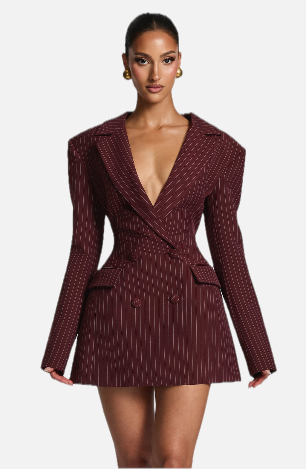 Women's Pinstripe Blazer Dress with Double-Breasted Front and Long Sleeves - 1